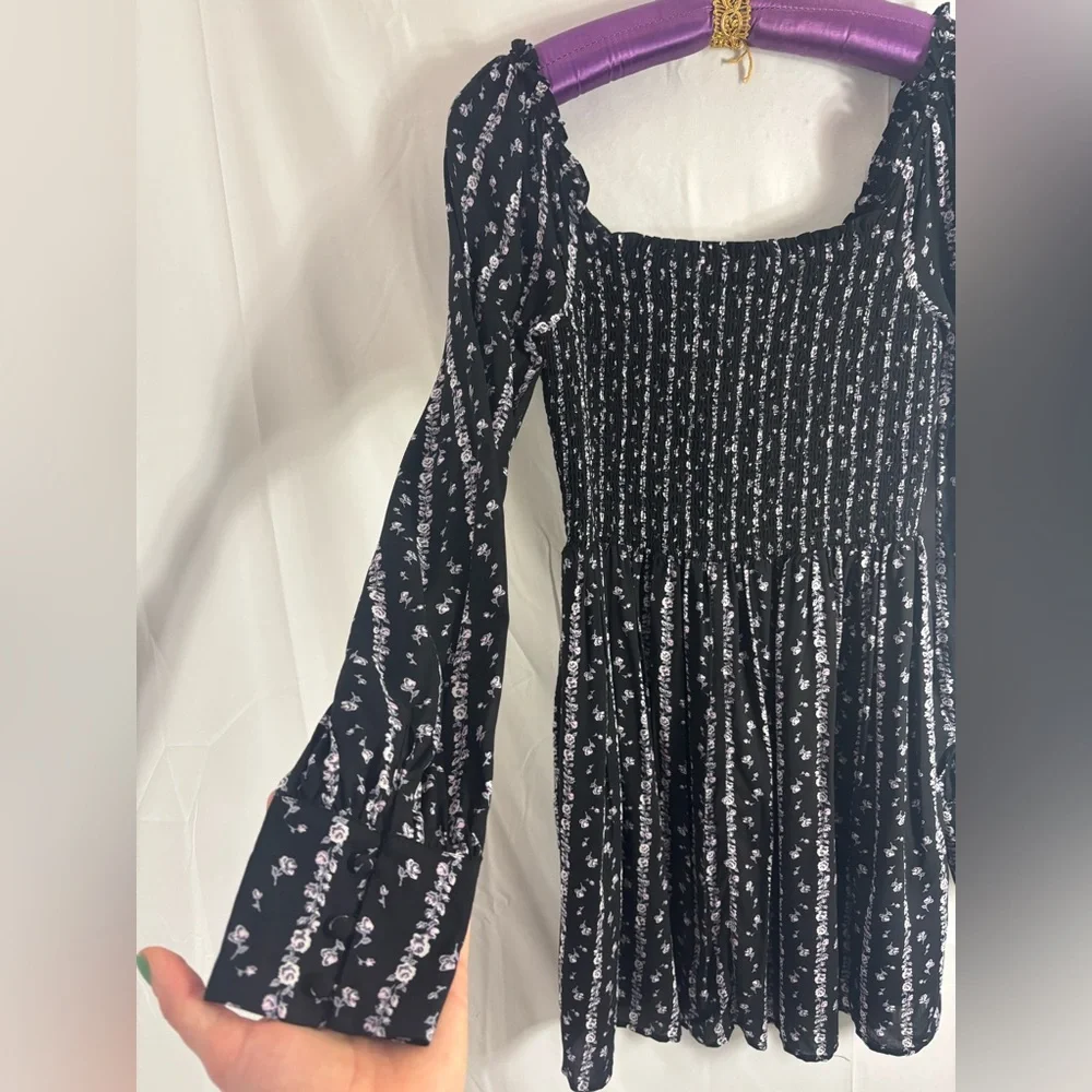 PAIGE Black Floral Long Sleeve Cottage-core Smock Bust Mini‎ Dress Size S